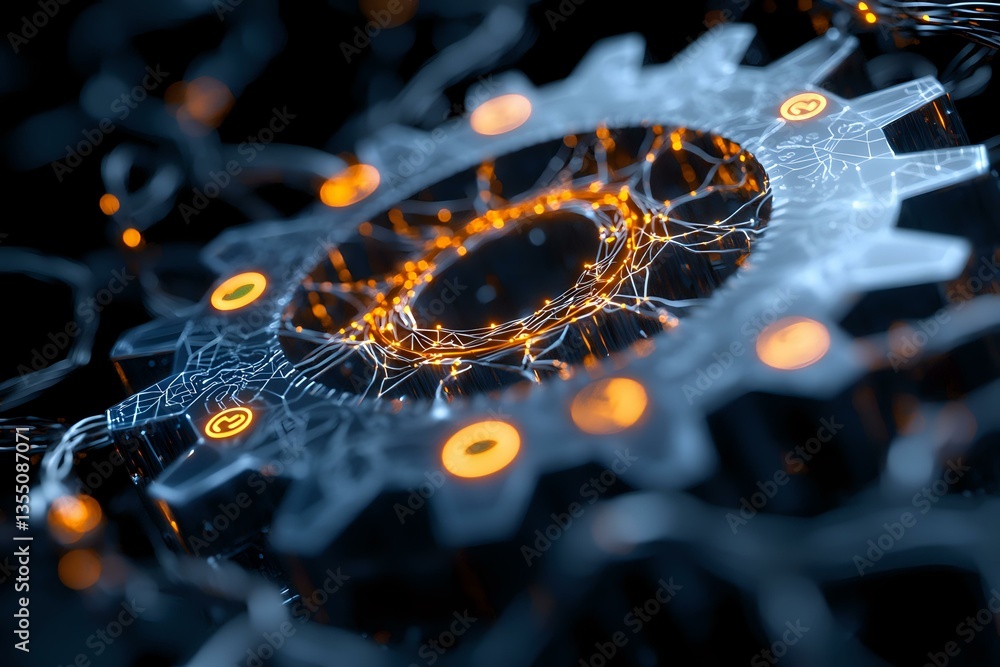 Poster glowing orange neural network connections on dark background with selective focus creating futuristi