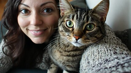 Pet-owner Selfie: A heartwarming self-portrait showcasing a woman's close connection with her feline companion, both radiating contentment.