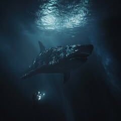 Fototapeta premium Massive shark in the deep sea. Sunlight beams through the water