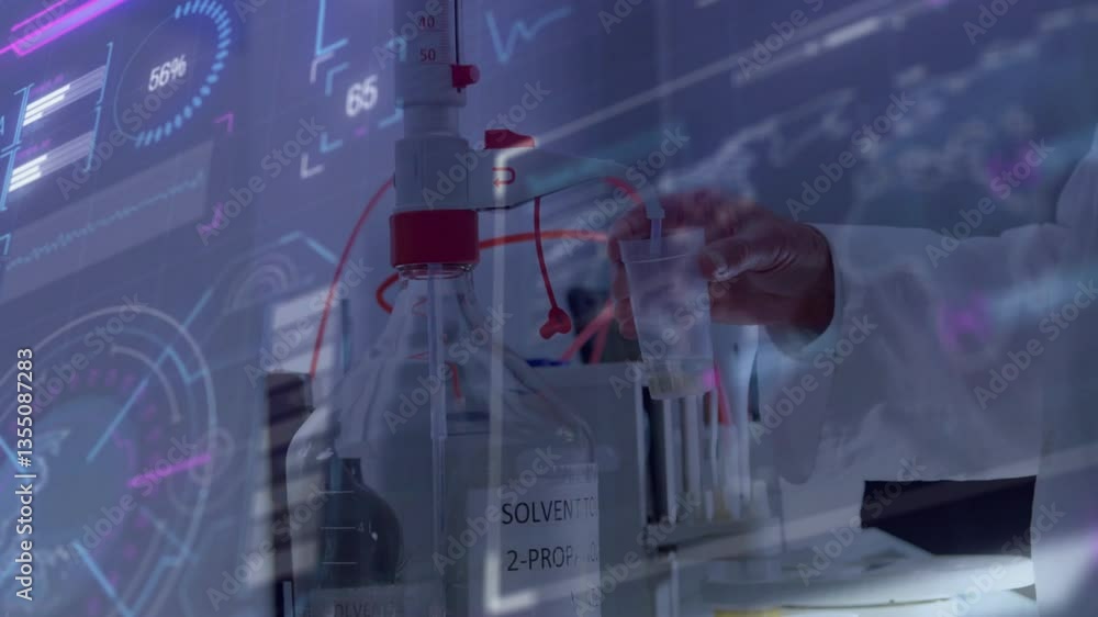 Poster laboratory scene with scientist handling equipment over digital data animation