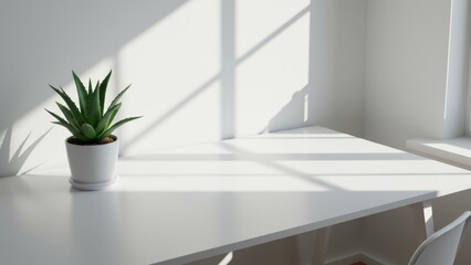 Aloe vera plant on white desk near window. Minimalist interior featuring modern design, bright daylight, promoting simplicity, clean workplace, well-being.