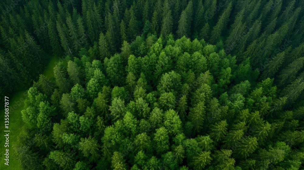 Poster aerial view of a lush green forest featuring dense coniferous trees in various shades of green : gen