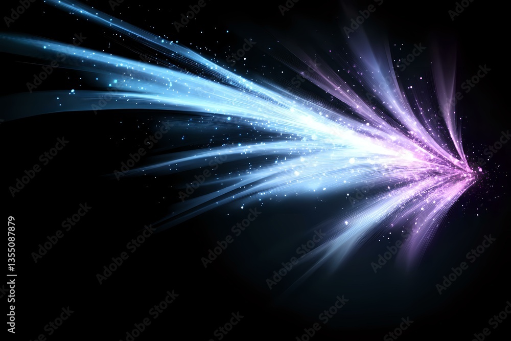 Poster glowing blue and purple light rays burst through darkness with sparkling particles, creating dynamic