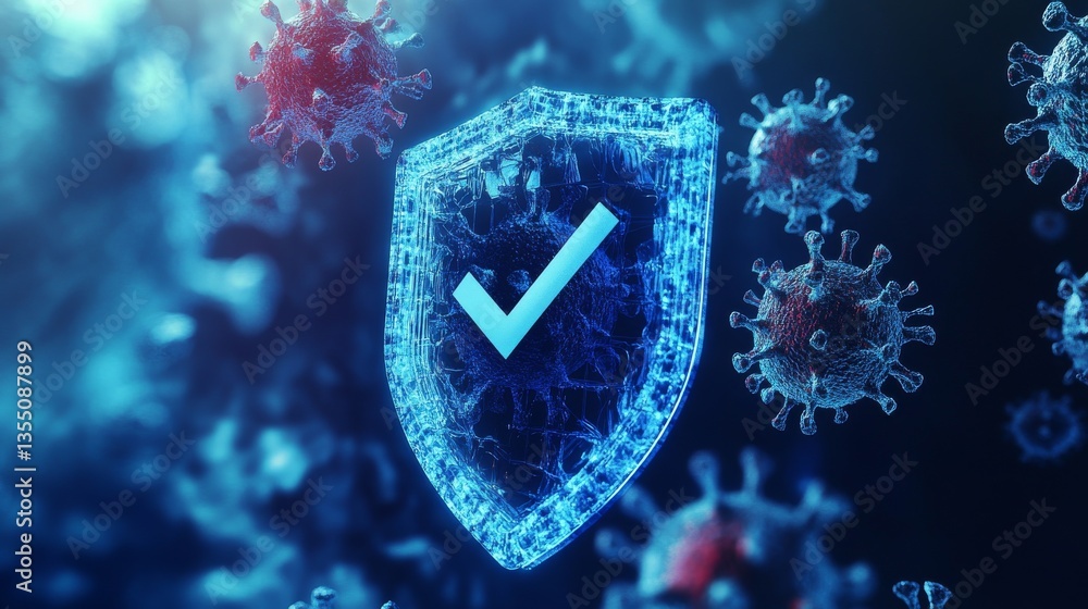 Poster a glowing blue shield with a checkmark stands in contrast with a dark background filled with virus-l