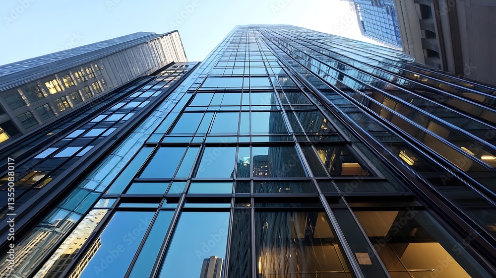 Poster modern skyscrapers in a city with reflections on glass windows : generative ai