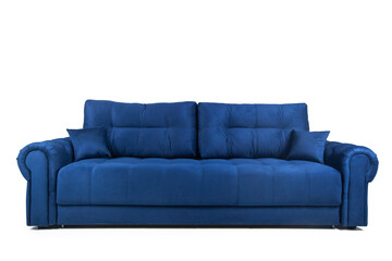 Navy blue sofa with pillows on wooden legs isolated on white. Darck blue suede couch isolated