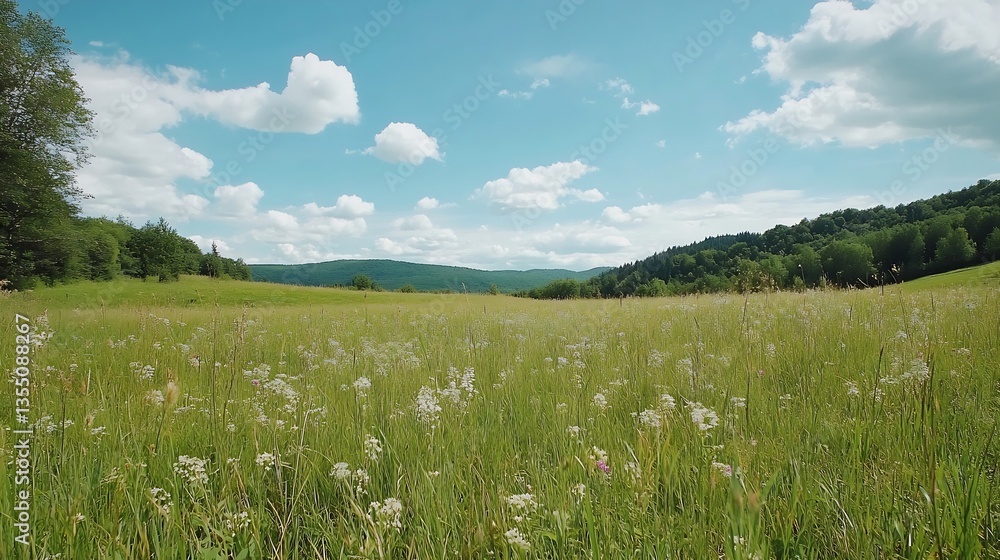 Poster vast open field covered in wildflowers under a bright blue sky with fluffy clouds creating a picture