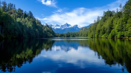 Fototapeta premium Breathtaking landscape view of peaceful lake surrounded by lush green forest and majestic mountains : Generative AI
