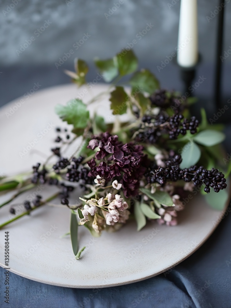 Aufkleber Elegant arrangement of dark flowers and greenery on a simple plate setting with soft lighting : Generative AI