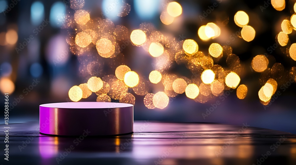 Poster glowing pink metallic cylinder on reflective surface with magical golden bokeh lights creating dream