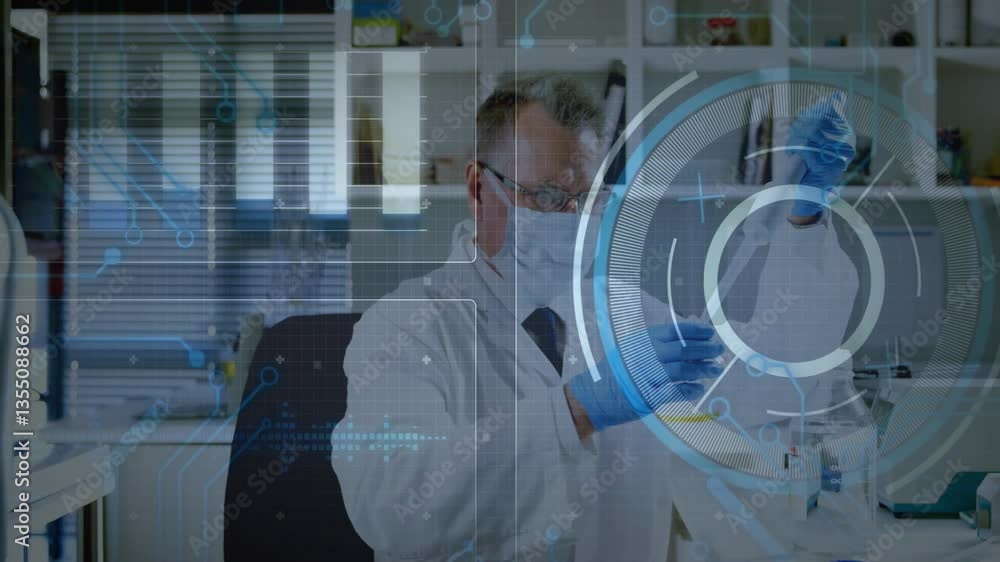 Poster in laboratory, scientist interacting with futuristic animation on digital interface