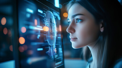 Woman using facial recognition technology on a computer screen