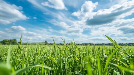 Fototapeta premium Lush green grass field under an expansive blue sky with fluffy clouds in summer : Generative AI