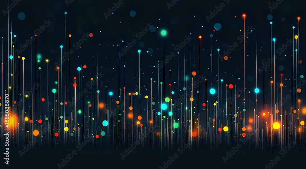 Poster glowing vertical lines with colorful light particles floating against dark background create magical