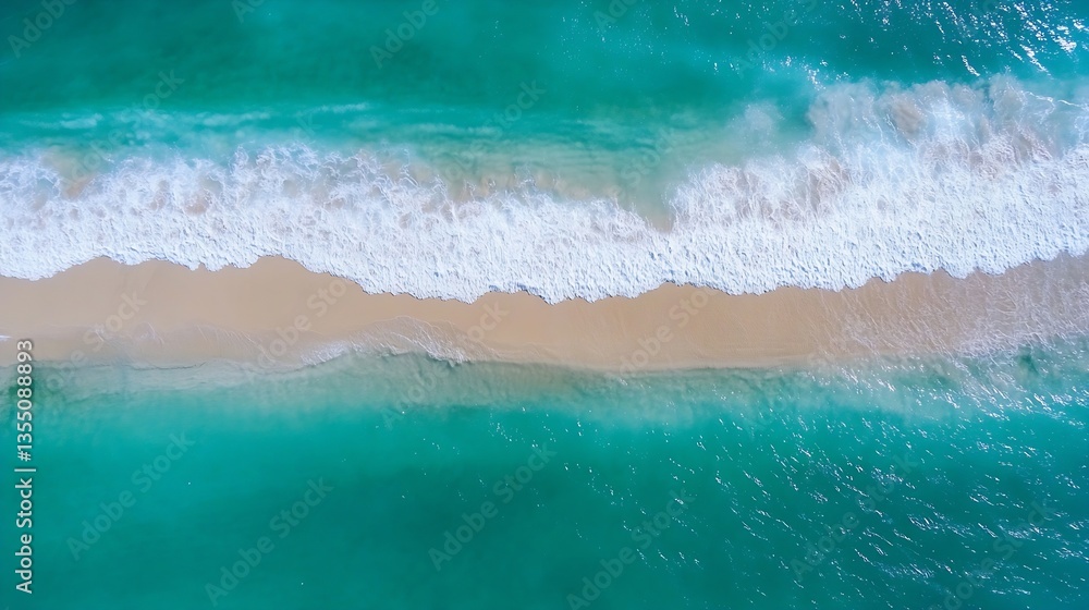 Poster aerial view of pristine beach with turquoise water and foamy waves lapping the shore : generative ai