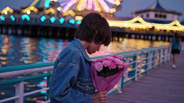 Boy Holding a Bouquet of Flowers in Front of a Blurred City Skyline at Night with Vibrant Colors