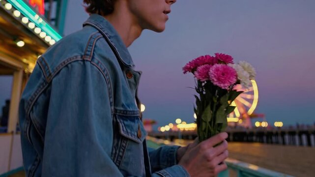 Boy Holding a Bouquet of Flowers in a Vibrant Urban Setting at Night