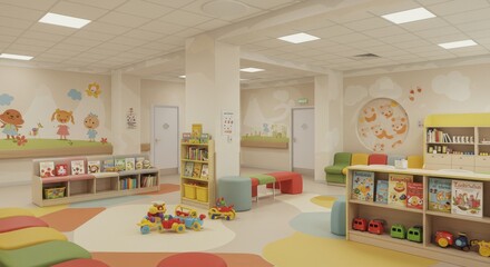 Colorful and Playful Kindergarten Classroom - Bright, cheerful kindergarten classroom design with colorful furniture, bookshelves, and playful wall art. Ideal for early childhood education