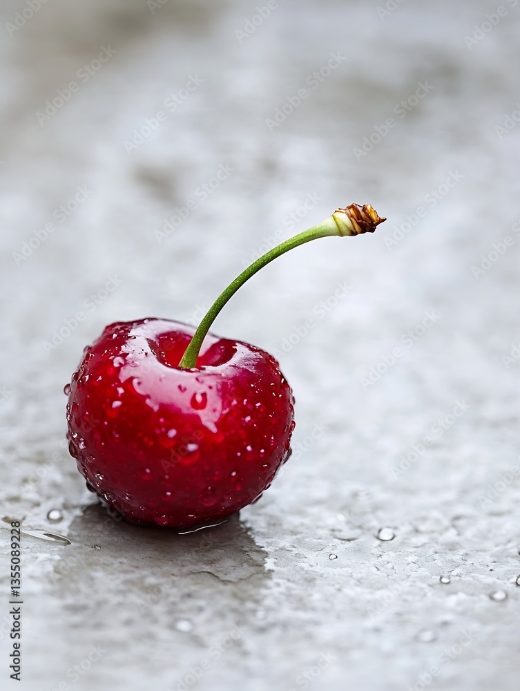 Aufkleber raindrops glisten on a fresh red cherry standing alone on a wet surface after rain : generative ai
