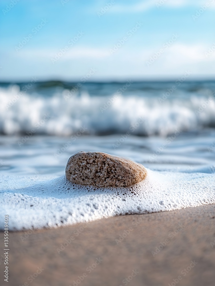 Fototapete smooth pebble on wet sand with ocean waves gently splashing in the background : generative ai