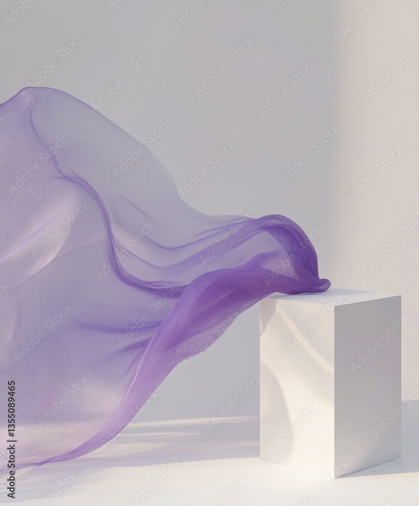 Poster a white cube is placed on the right side of an abstract purple fabric, creating a minimalist backgro