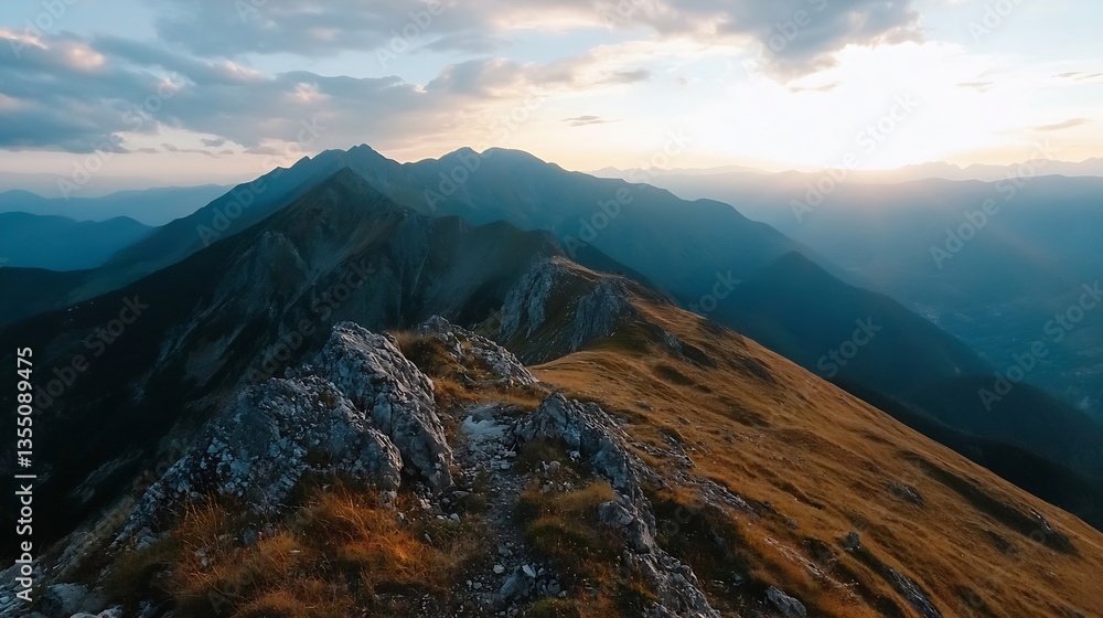 Poster Breathtaking mountain range view during sunset with rugged terrain and beautiful clouds creating an awe inspiring landscape : Generative AI