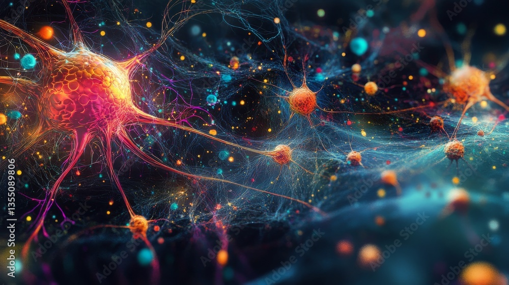 Poster a highly detailed digital representation of neurons with glowing synapses, symbolizing the intricate