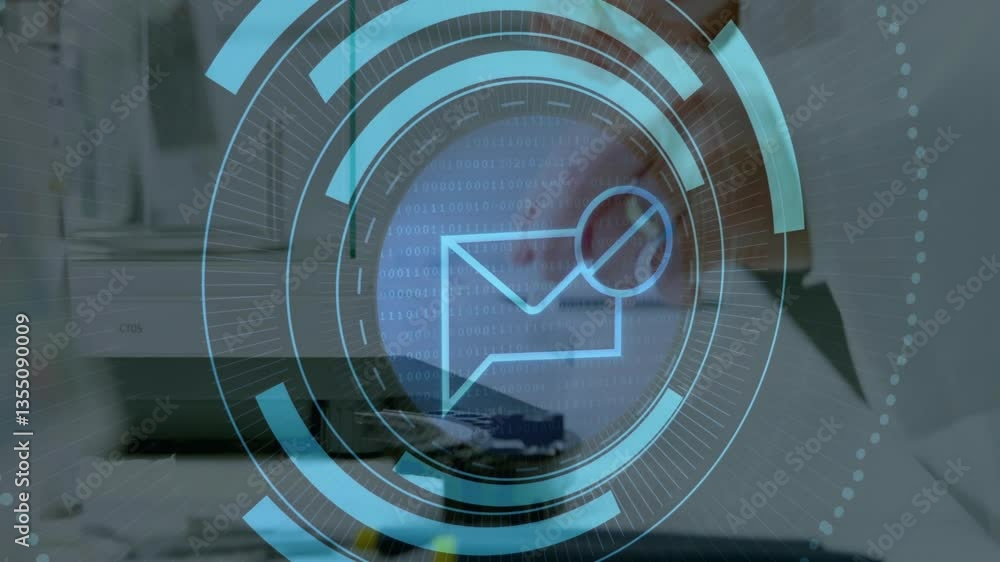 Poster digital envelope and binary code animation on office desk background