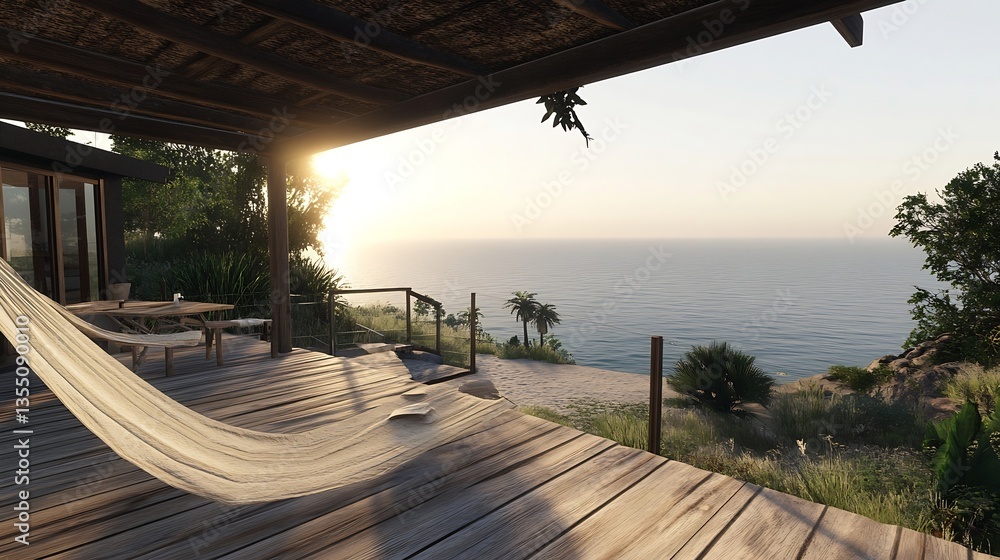 Poster Stunning Oceanfront View from a Relaxing Deck with a Comfortable Hammock Overlooking the Calm Seas at Sunset : Generative AI