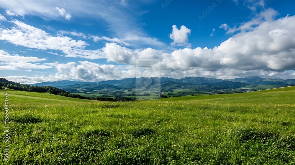 Poster breathtaking panoramic view of green hills under a vast blue sky with fluffy clouds in the backgroun