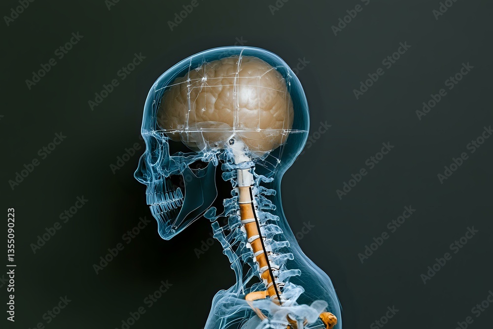 Poster x-ray scan showing human skull and cervical spine in profile view with highlighted brain area agains