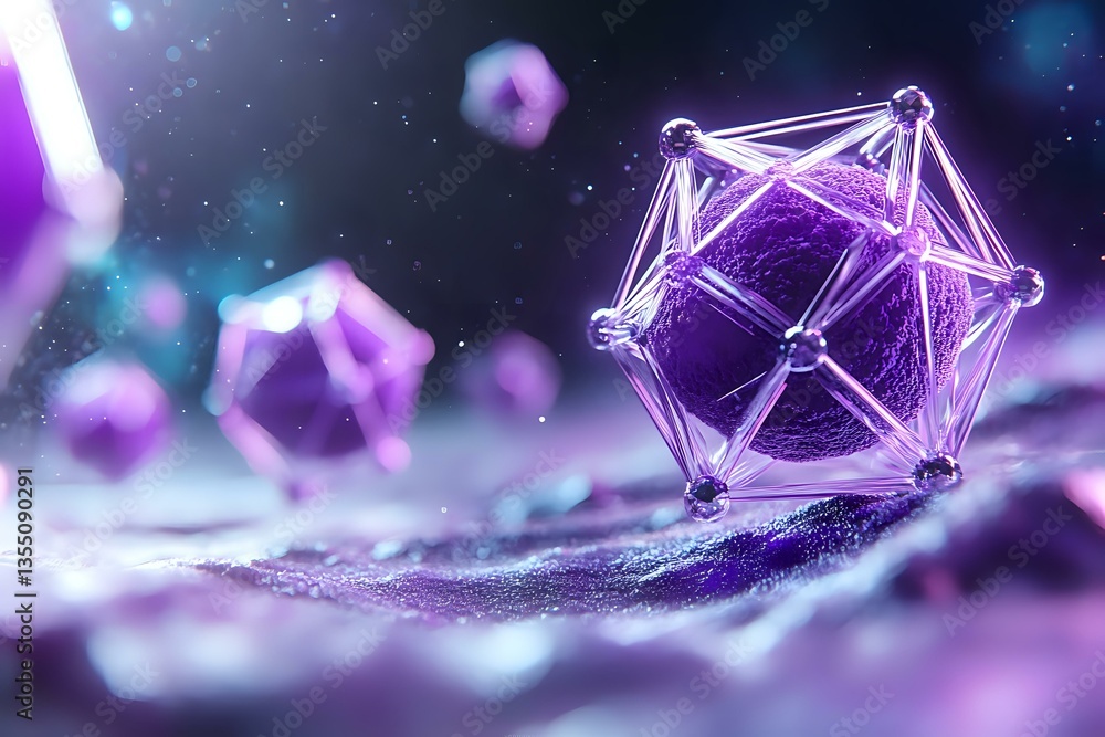 Poster Abstract geometric shapes with glowing purple neon wireframe structure floating in dark space with particles and light effects. Modern futuristic technological concept.
