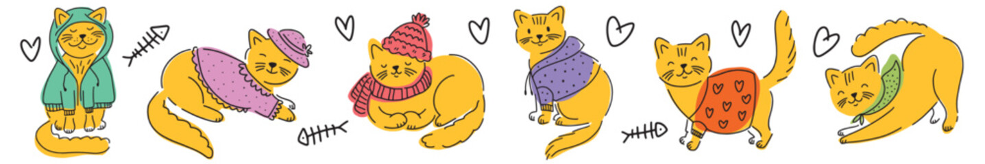 Vector horizontal collection of cats in clothes, hand drawn in doodle style