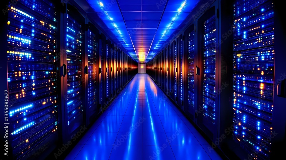 Poster modern server room corridor with blue led lighting and rows of data center equipment creating dramat