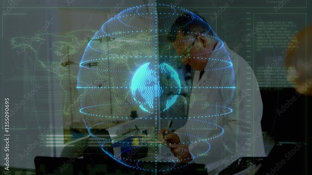 Poster scientist working in laboratory with digital globe and data overlay animation