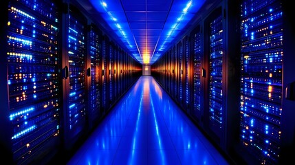 Fototapeta premium Modern server room corridor with blue LED lighting and rows of data center equipment creating dramatic perspective with reflective floor surface.
