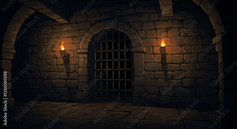 Poster dark dungeon cell with iron gate - a dimly lit stone dungeon cell with an iron gate, illuminated by 