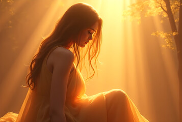 Beautiful woman wearing elegant dress enjoying golden sunlight in forest