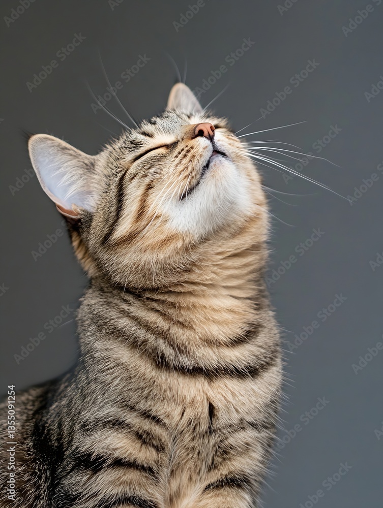 Poster playful domestic cat with content expression relaxing comfortably against minimalist background : ge