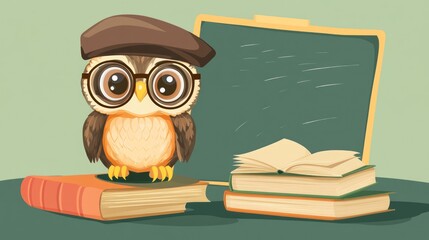 Cute owl teacher with books and chalkboard