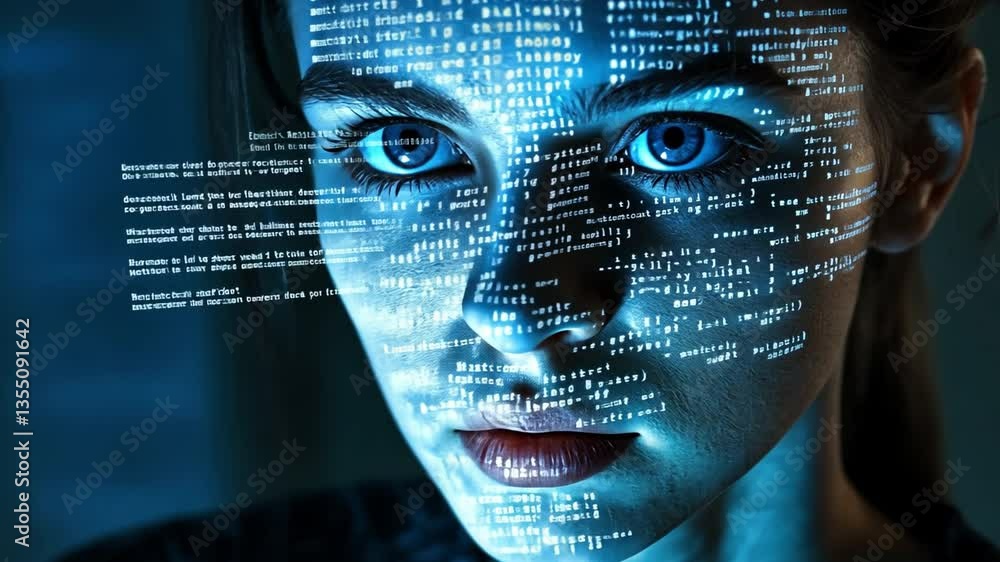 Poster digital code projection: a woman's face is illuminated by a mesmerizing cascade of binary code, with