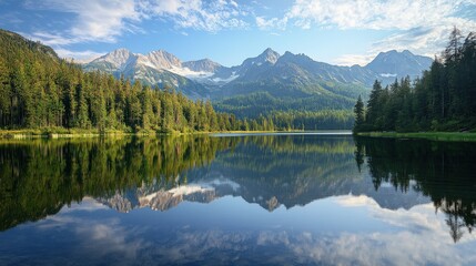 A calm lake reflects the mountains and trees above it