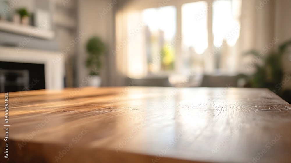 Poster closeup of a smooth wooden tabletop illuminated by natural light in a cozy indoor setting : generati