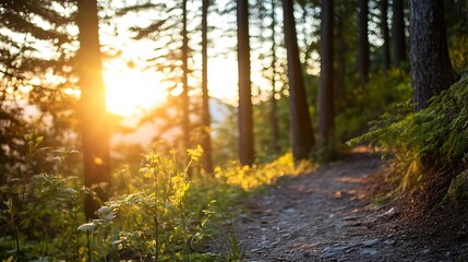 Obraz premium Scenic sunlit forest path illuminated by dawn sunlight in a tranquil woodland setting : Generative AI