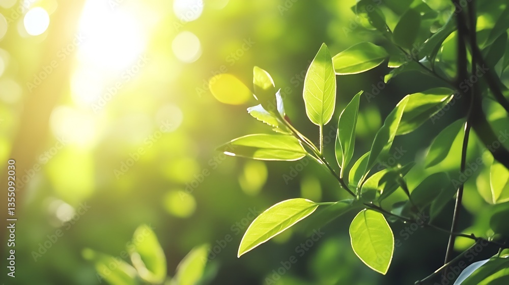 Poster sunlight filtering through fresh green leaves creating a bright natural atmosphere : generative ai