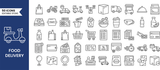 Food Delivery icons set in line style. Order food, restaurant, fast food, scooter, deliver, take away and more. Vector illustration