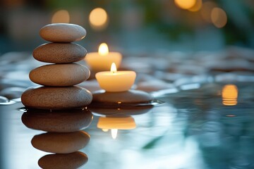 Obraz premium Stack of stone balancing on water surface with light candle, creating a serene ambiance.