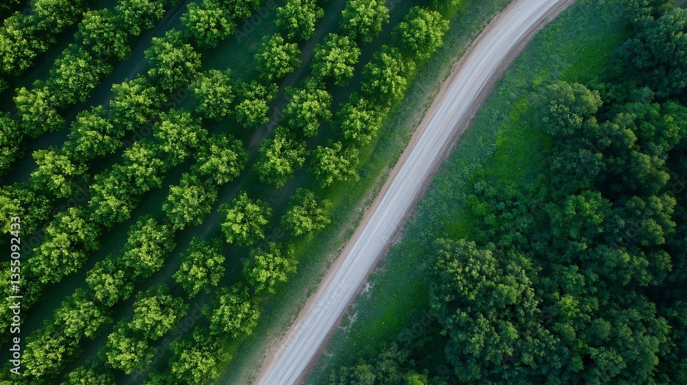 Poster Aerial view of a winding road surrounded by lush green fields and trees creating a serene landscape : Generative AI