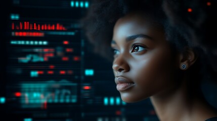 Woman analyzing data, futuristic server room