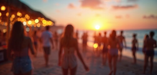 Blurred people enjoy night beach party on summer vacation with vibrant lights. Crowd, friends have fun at festival celebration with music, dj, drinks. Nightlife, travel, holiday, weekend.